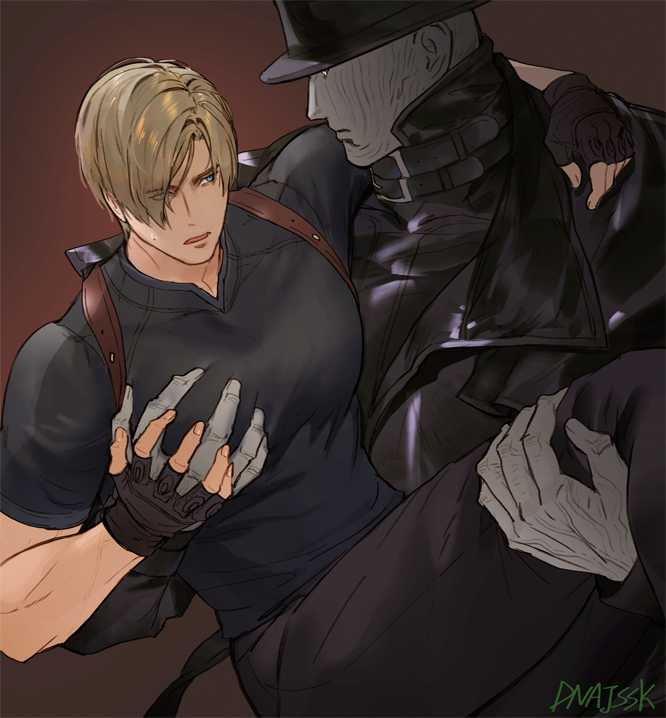 2boys, bara, black_coat, black_gloves, black_pants, black_shirt, brown_hair, carrying, carrying_person, coat, colored_skin, dnajssk, fingerless_gloves, gloves, grey_skin, hat, large_pectorals, leon_s._kennedy, long_coat, looking_at_another, male_focus, mr._x_(resident_evil), multiple_boys, muscular, muscular_male, pants, pectoral_grab, pectorals, resident_evil, resident_evil_2, resident_evil_2_(remake), shirt, short_hair, tyrant_(resident_evil), tyrant_t-103, yaoi