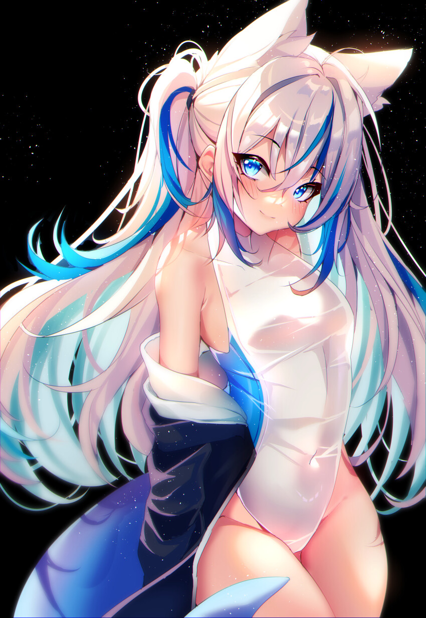 1girl, absurdres, alternate_hair_length, alternate_hairstyle, animal_ear_fluff, animal_ears, bare_shoulders, black_background