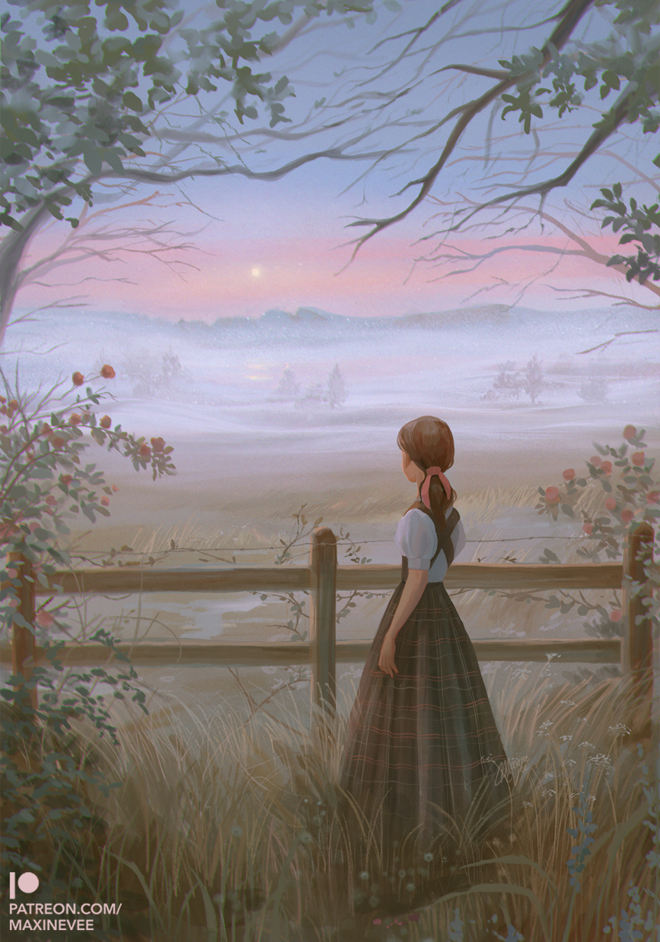 1girl, artist_name, brown_hair, dress, facing_away, fence, field, fog