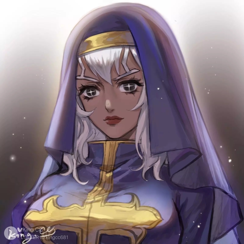 +_+, 1girl, adapted_costume, black_eyes, breasts, dark-skinned_female, dark-skinned_male, dark_skin, enrico_pucci, habit, high_collar, highres, jojo_no_kimyou_na_bouken, king.cc, large_breasts, lipstick, makeup, nun, solo, star-shaped_pupils, star_(symbol), stone_ocean, symbol-shaped_pupils, white_hair