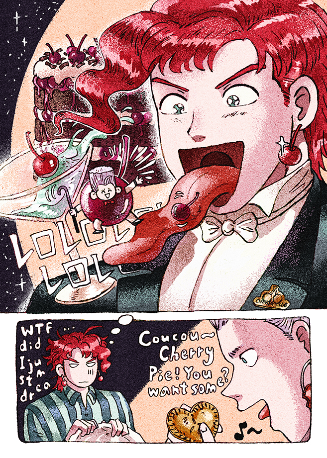 2boys, blanket, bow, bowtie, cake, cherry_earrings, cocktail_glass, cup