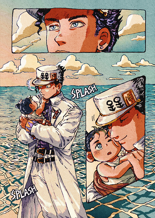 1boy, 1girl, black_hair, child, cloud, coat, cone_hair_bun, diamond_wa_kudakenai