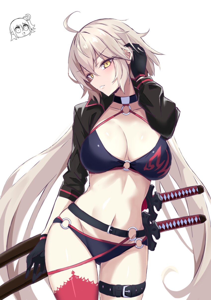 1girl, ahoge, bikini, black_bikini, black_gloves, black_jacket, blush, breasts, choker, cleavage, cropped_jacket, fate/grand_order, fate_(series), gloves, grey_hair, hair_between_eyes, highres, jacket, jeanne_d'arc_alter_(fate), jeanne_d'arc_alter_(swimsuit_berserker)_(fate), katana, kobayashi_macchan, large_breasts, long_hair, looking_at_viewer, multiple_swords, navel, o-ring, o-ring_bikini, o-ring_bottom, o-ring_top, red_thighhighs, shrug_(clothing), single_thighhigh, solo, swimsuit, sword, thighhighs, very_long_hair, weapon, white_background, yellow_eyes