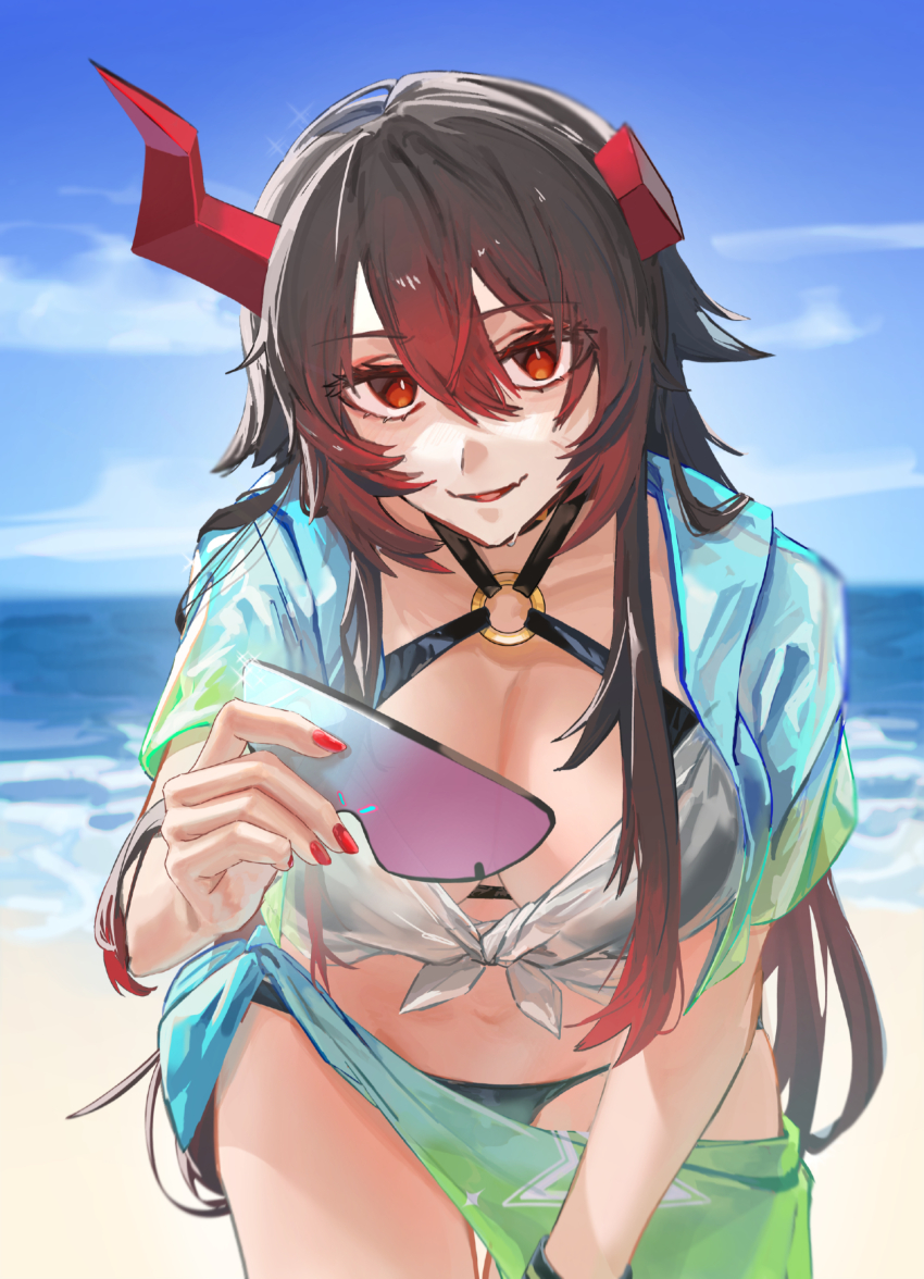 1girl, absurdres, annindofu_umaaa, azur_lane, beach, bent_over, bikini, black_bikini