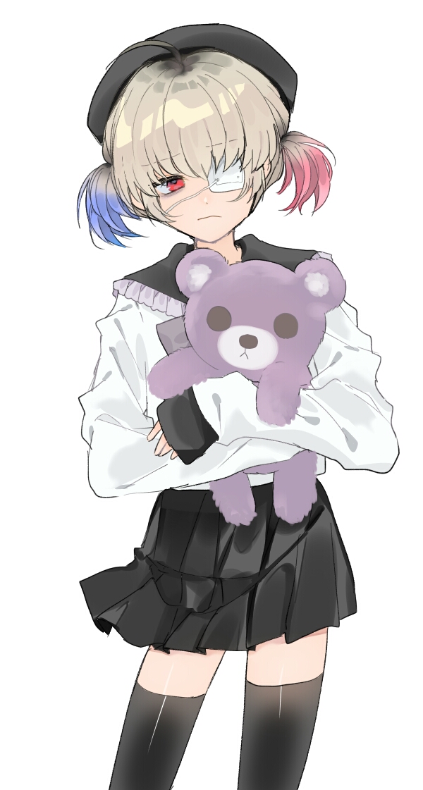 1boy, ahoge, androgynous, black_skirt, black_thighhighs, blonde_hair, blue_hair, brown_hair, crossdressing, crossdressing_(mtf), eyepatch, kyuzechu, long_sleeves, looking_at_viewer, male_focus, multicolored_hair, one_eye_closed, ookami_game_(studio_wasabi), pink_hair, red_eyes, rurikawa_yuuto, short_hair, short_twintails, skirt, solo, stuffed_animal, stuffed_toy, sweater, teddy_bear, thighhighs, twintails, white_sweater