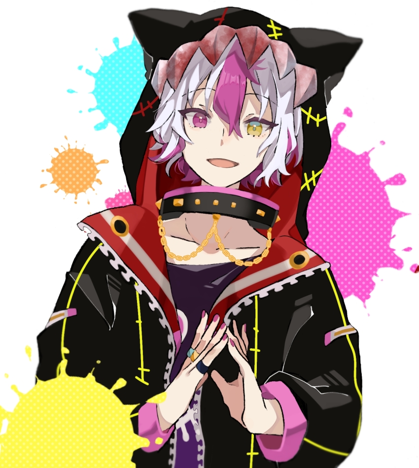1boy, animal_ears, animal_hood, anohitoha, black_jacket, blue_background, fake_animal_ears, green_eyes