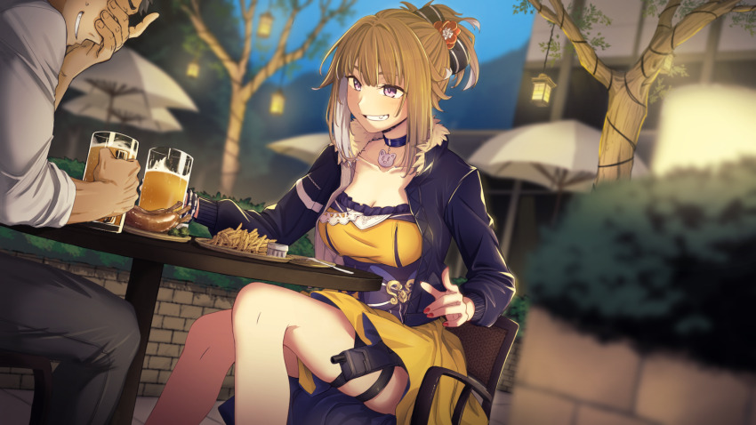 1boy, 1girl, alcohol, beer, beer_mug, black_jacket, black_pants, brown_hair