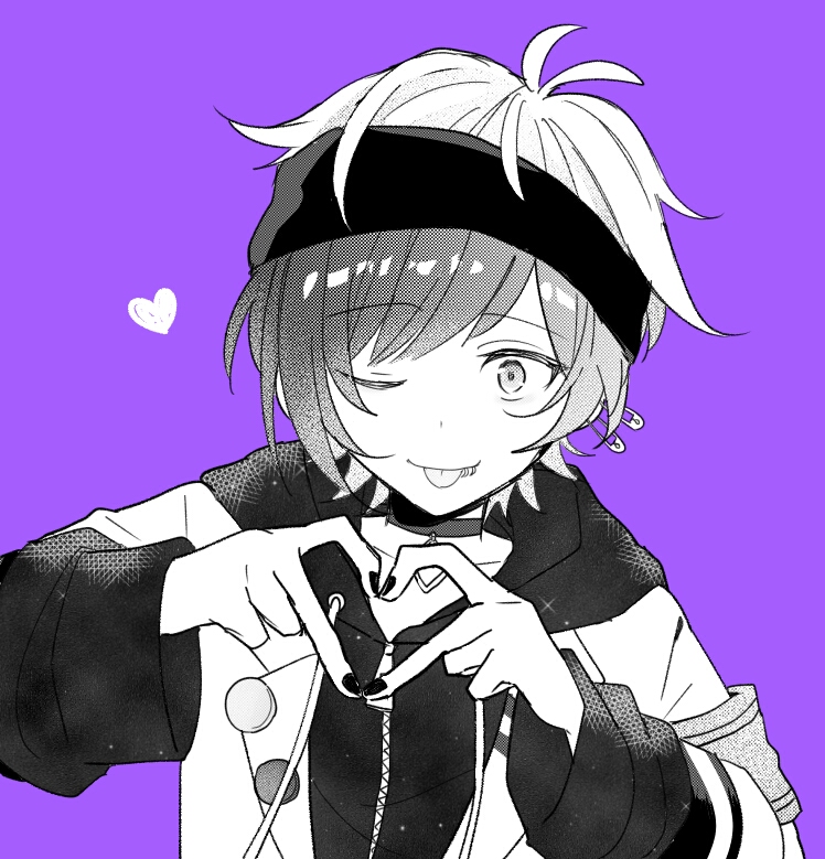 1boy, black_nails, choker, ear_piercing, face_piercing, greyscale_with_colored_background, headband, heart