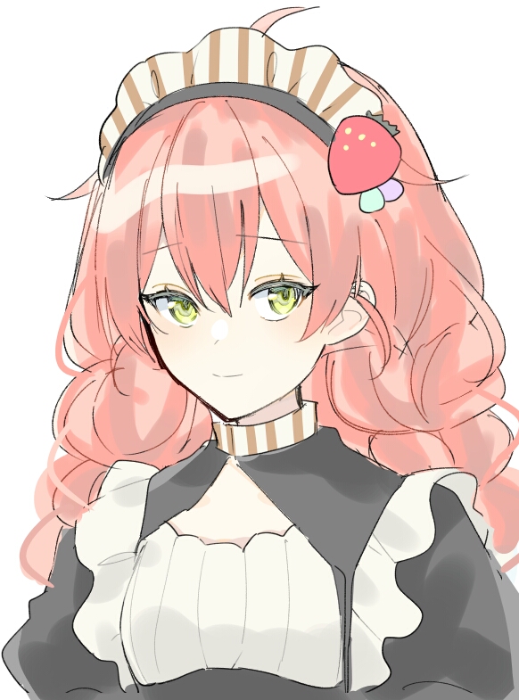 1girl, ahoge, apron, braid, closed_mouth, food-themed_hair_ornament, green_eyes, hair_ornament