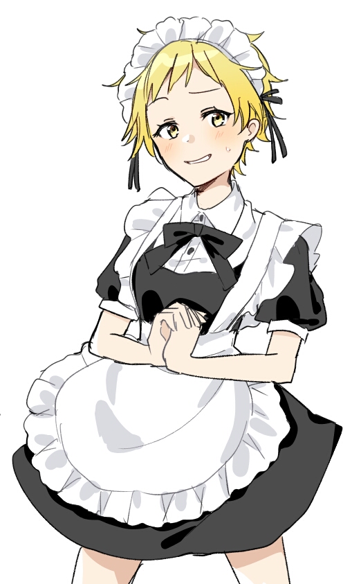 1girl, androgynous, apron, blonde_hair, blush, kyuzechu, maid, maid_apron
