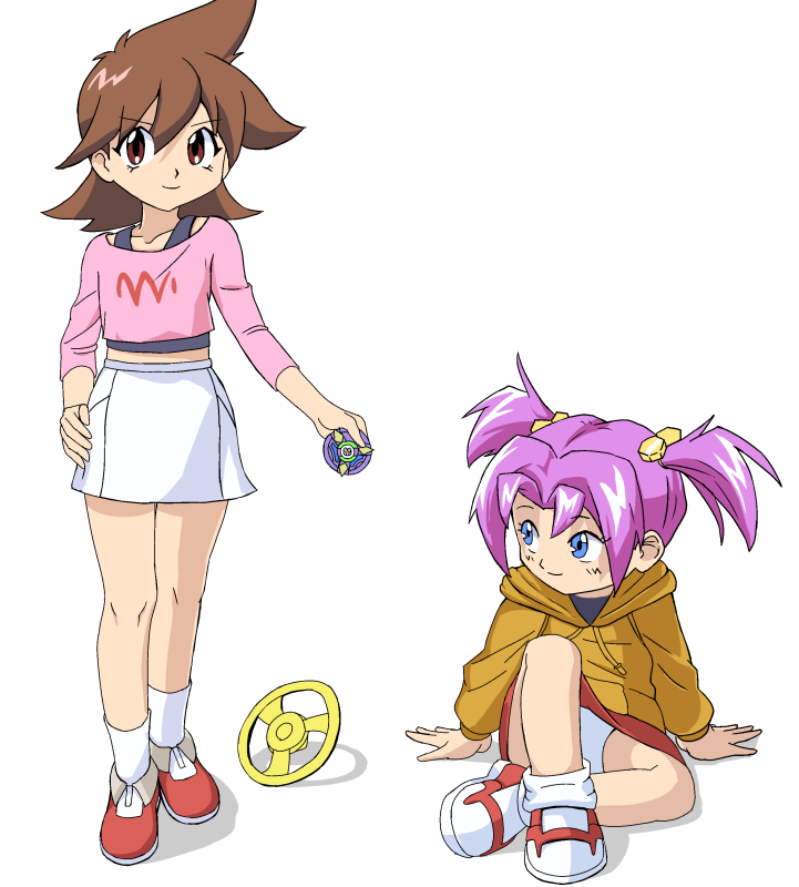 2girls, bakuten_shoot_beyblade, beyblade, beyblade_(object), blue_eyes, blush, brown_eyes, brown_hair