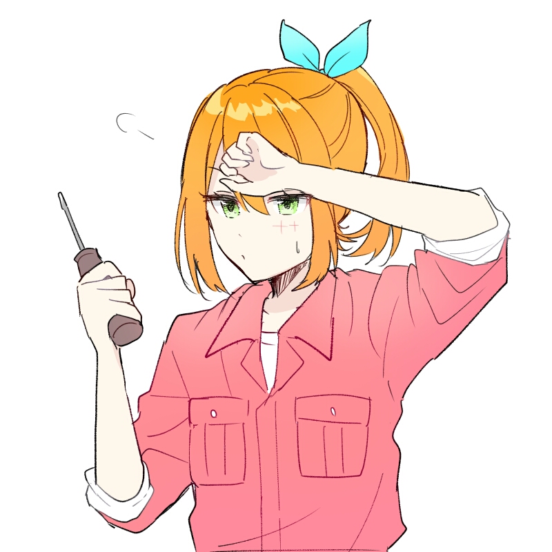 1girl, collared_shirt, eve_project_(studio_wasabi), facial_mark, green_eyes, hair_ribbon, holding, holding_screwdriver