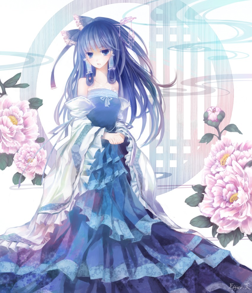 1girl, absurdres, alternate_color, alternate_costume, bare_shoulders, blue_eyes, blue_hair, bow