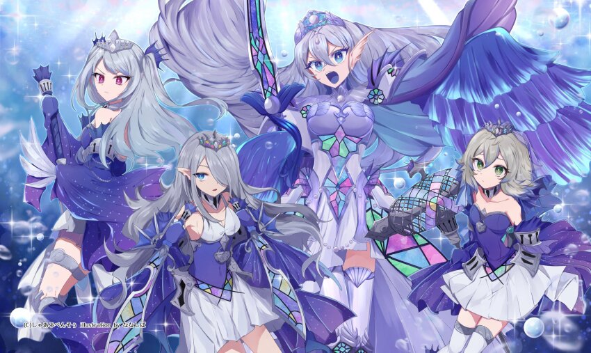 4girls, blue_eyes, blue_tongue, breasts, colored_tongue, detached_sleeves, dress, duel_monster