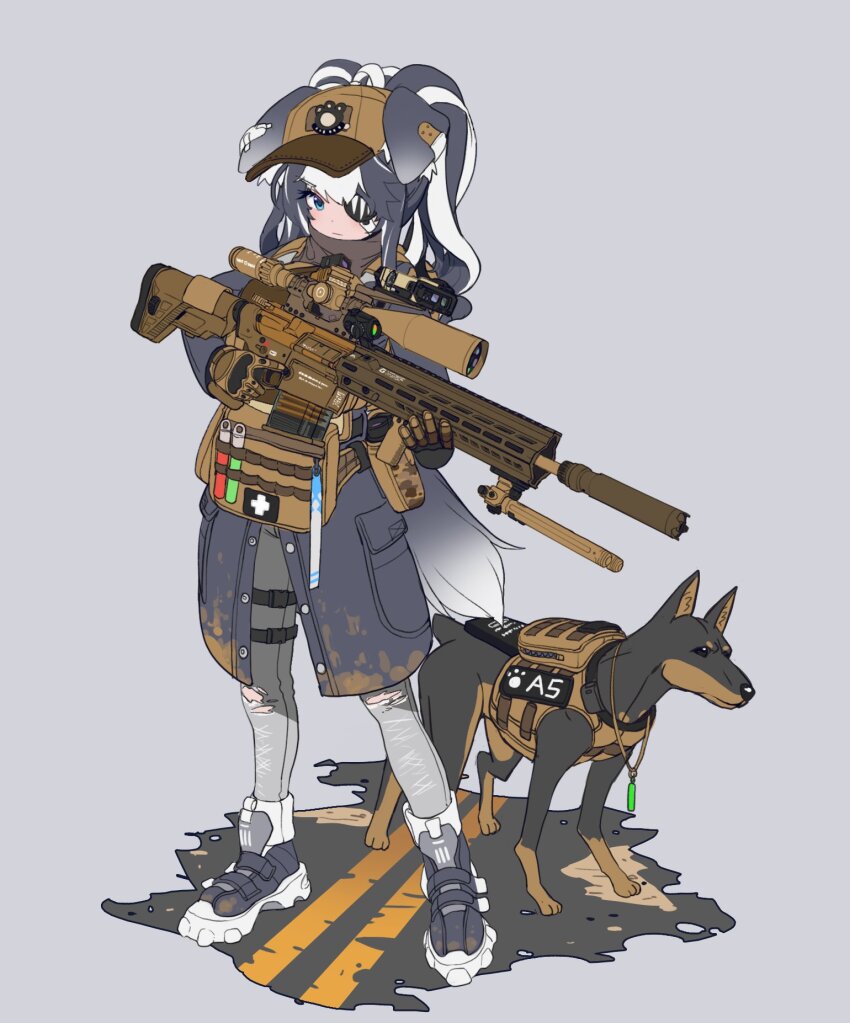 1girl, ammunition, animal, animal_ears, bandaged_ear, baseball_cap, bipod, black_eyes