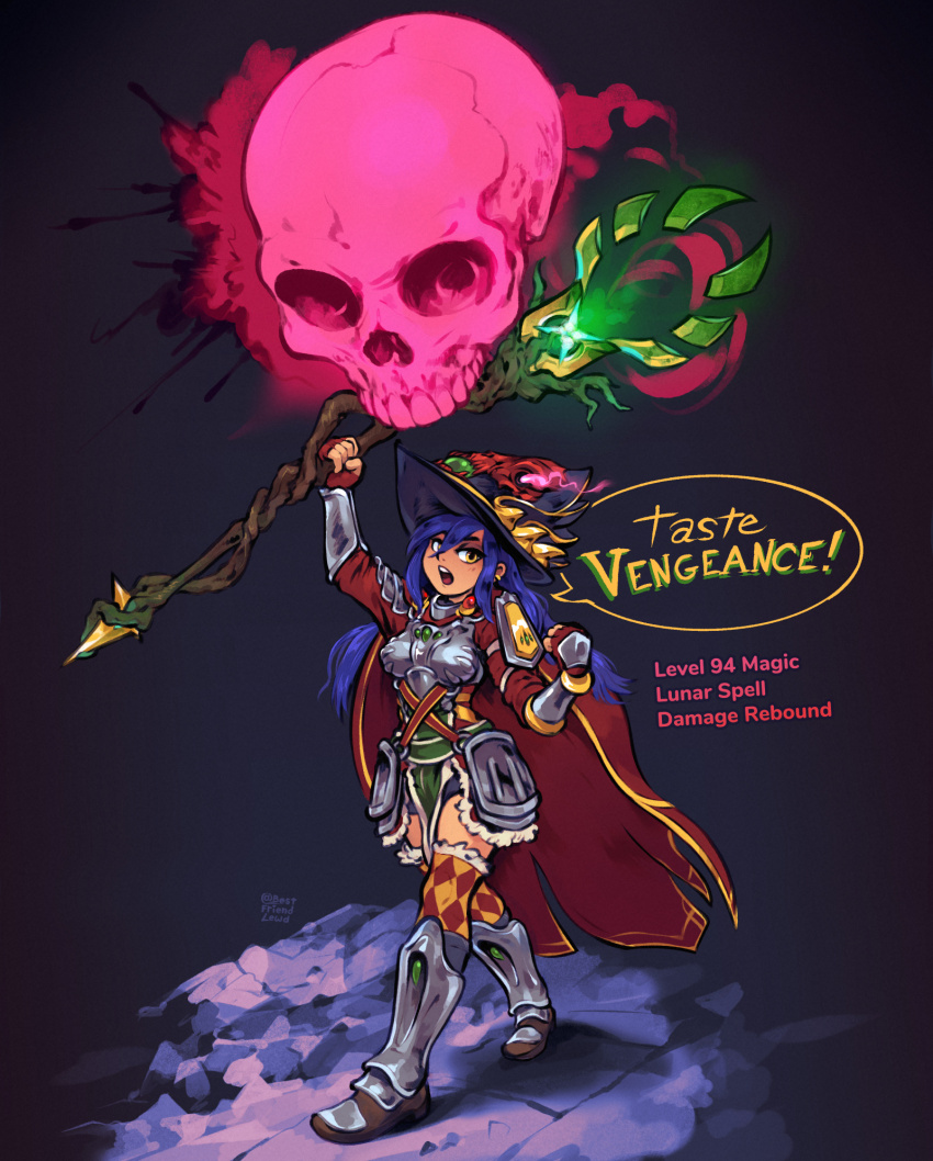 1girl, argyle_clothes, argyle_legwear, armor, armored_boots, bestfriendforever, blue_hair, boots, breasts, cape, casting_spell, commentary, commission, completionist_cape_(runescape), cuirass, dang_(runescape), duellist's_cap_(tier_6), english_commentary, english_text, fantasy, fingerless_gloves, fire, fractured_staff_of_armadyl_(runescape), full_body, fur_trim, gloves, gradient_background, hat, highres, holding, long_hair, magic, medieval, medium_breasts, original, pink_fire, plate_armor, runescape, skull, solo, speech_bubble, spiked_ear_piercing, standing, thick_eyebrows, weapon, yellow_eyes