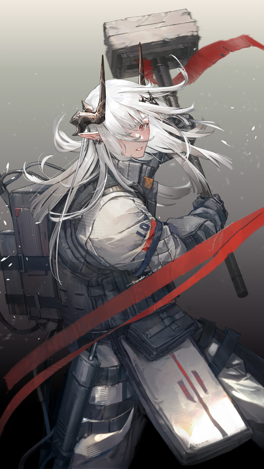 1girl, absurdres, arknights, black_gloves, commentary_request, cowboy_shot, dated, ear_piercing