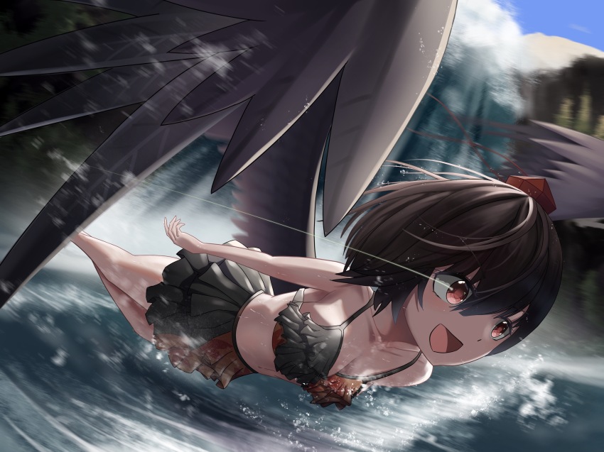 1girl, :d, absurdres, bai_huashu, bikini, black_bikini, black_hair, black_skirt