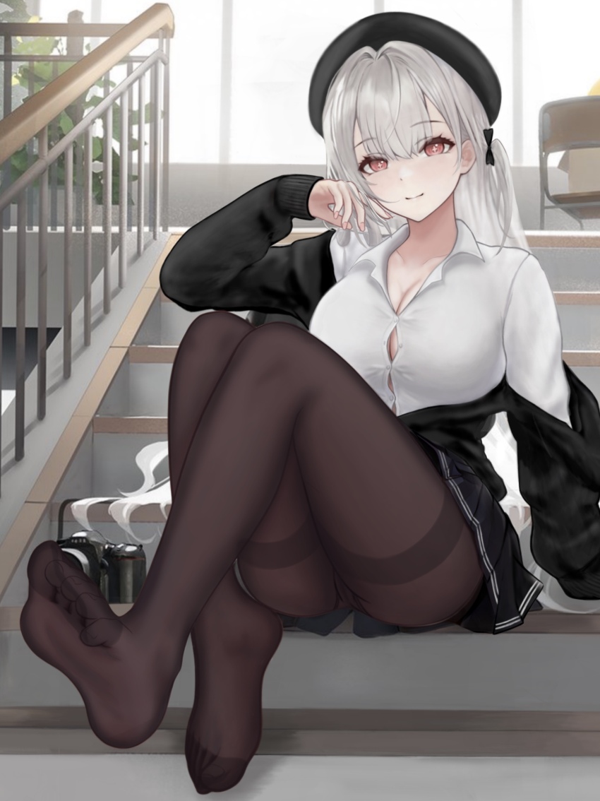 1girl, absurdres, azur_lane, black_headwear, black_pantyhose, black_skirt, black_sweater, blunt_bangs, breasts, camera, cleavage, cross-shaped_pupils, feet, grey_hair, highres, large_breasts, legs, long_sleeves, manjuu_(azur_lane), official_alternate_costume, pantyhose, red_eyes, scylla_(azur_lane), scylla_(femme_fatale_fresher)_(azur_lane), shirt, sitting, skirt, smile, stairs, sweater, symbol-shaped_pupils, toes, tomozou-1971, white_shirt