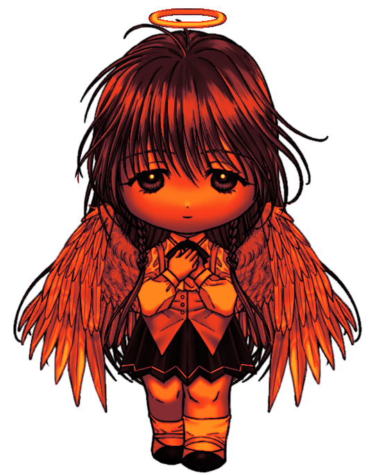 1girl, ahoge, angel, angel_wings, black_skirt, braid, chibi, collared_shirt, feathered_wings, full_body, halo, hands_on_own_chest, long_hair, looking_at_viewer, masatokinaino, own_hands_together, pleated_skirt, sayonara_wo_oshiete, school_uniform, shirt, side_braids, simple_background, skirt, smile, socks, solo, straight-on, sugamo_mutsuki, traditional_halo, vest, white_background, white_shirt, wings