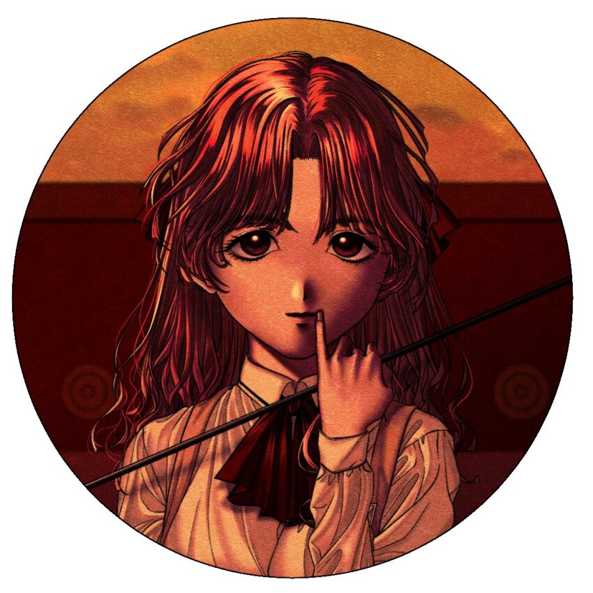 1girl, arrow_(projectile), border, brown_eyes, circle, collared_shirt, dusk, expressionless
