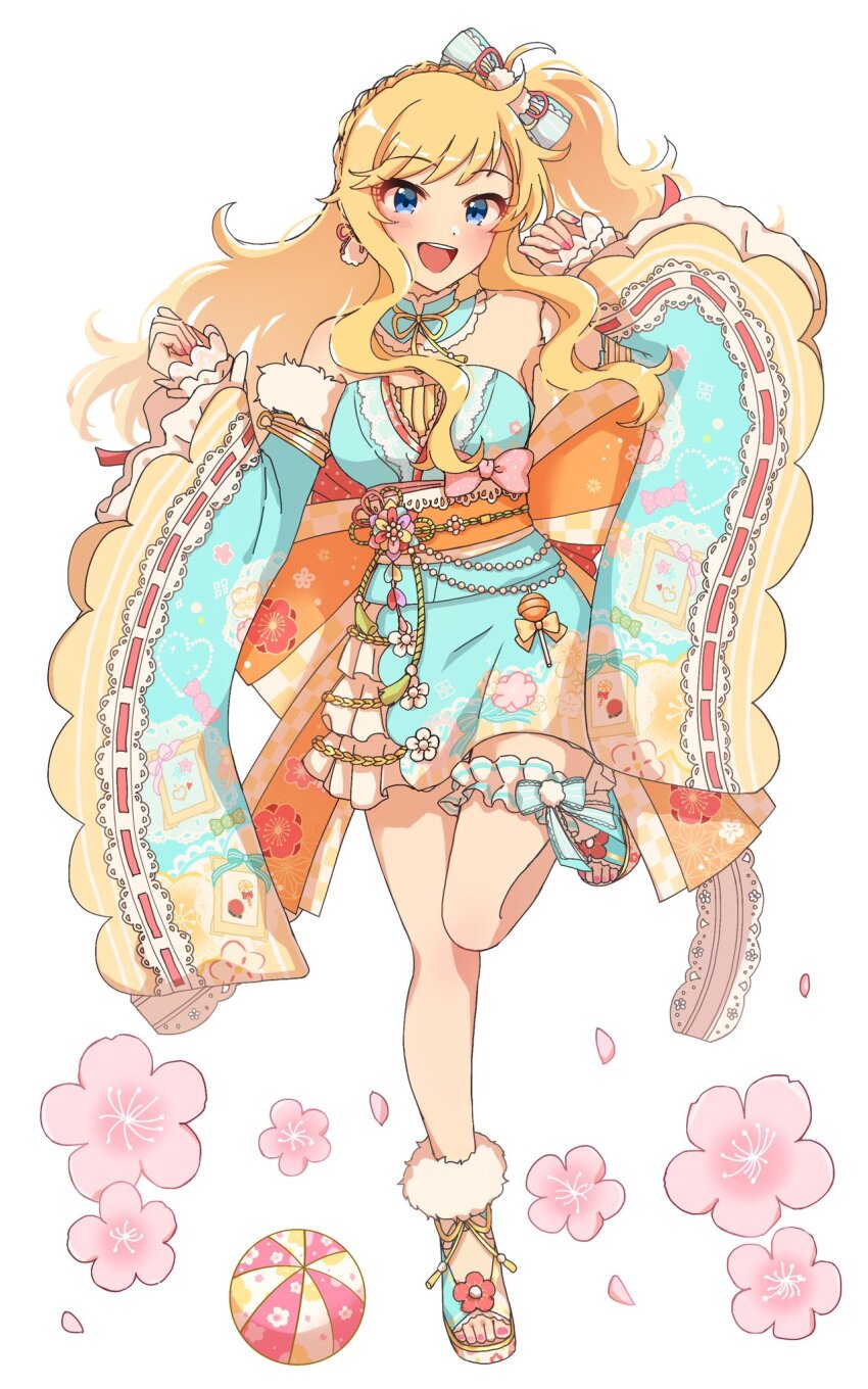 1girl, :d, arms_up, ball, bare_shoulders, blonde_hair, blue_eyes, blush