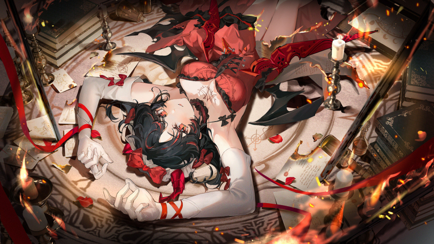 1girl, alternate_costume, arms_up, bat_wings, black_choker, black_hair, book, book_stack