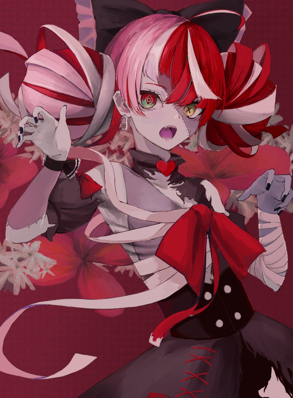 1girl, ahoge, bandaged_arm, bandaged_hand, bandages, black_bow, black_nails, bow, chest_sarashi, commentary, commission, corset, double_bun, earrings, english_commentary, floral_background, ghost_pose, hair_bow, hair_bun, heart, heterochromia, hidariri, highres, hololive, hololive_indonesia, jewelry, kureiji_ollie, large_bow, looking_at_viewer, mismatched_pupils, multicolored_hair, open_mouth, pale_skin, patchwork_skin, red_background, red_bow, red_eyes, red_hair, sarashi, second-party_source, sharp_teeth, short_hair, skeb_commission, solo, standing, stitched_face, stitched_torso, stitches, streaked_hair, symbol-shaped_pupils, teeth, tongue, torn_clothes, two-tone_hair, underbust, undone_sarashi, upper_body, virtual_youtuber, white_hair, x-shaped_pupils, yellow_eyes