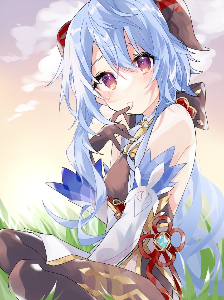 1girl, ahoge, bare_shoulders, bell, black_gloves, black_pantyhose, blue_hair, blush