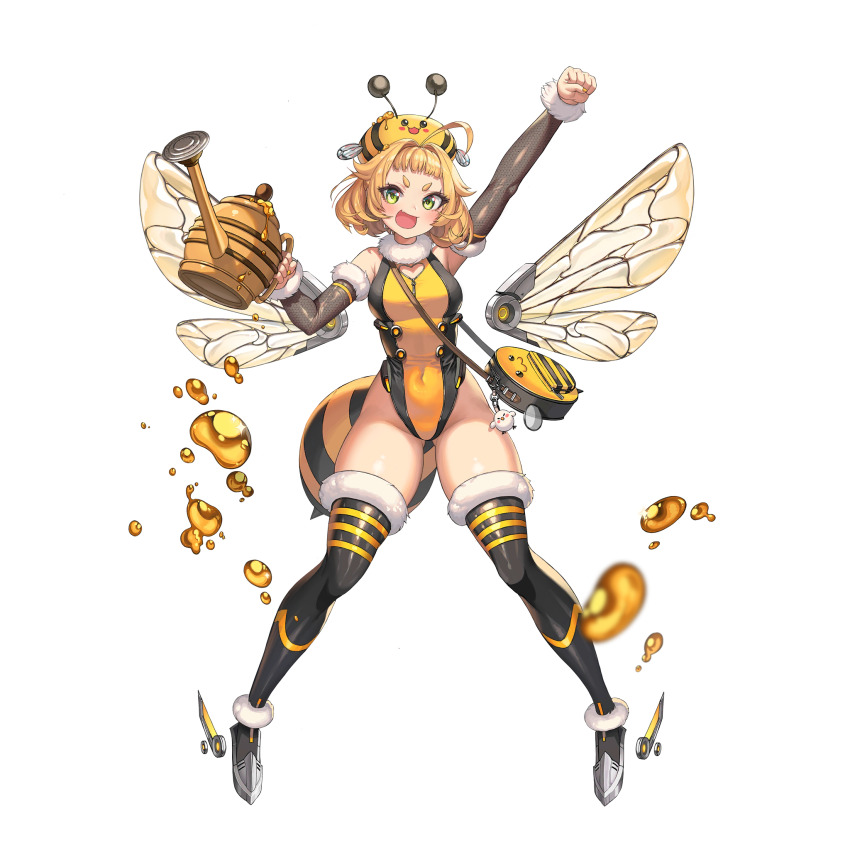 1girl, 2v_(joyeong), :d, ahoge, aqua_(last_origin), armored_shoes, armpit_crease, bag, bee_costume, bee_hat_ornament, bee_wings, bird, black_leotard, black_thighhighs, blonde_hair, blurry, blurry_foreground, blush, breasts, cleavage_cutout, clothing_cutout, covered_navel, detached_sleeves, detached_wings, dripping, fang, floating, floating_object, fur-trimmed_sleeves, fur-trimmed_thighhighs, fur_collar, fur_trim, game_cg, gluteal_fold, green_eyes, grey_sleeves, groin, heart_cutout, hexagon_print, highleg, highleg_leotard, highres, holding, holding_watering_can, honey, honeycomb_(pattern), huge_ahoge, insect_wings, last_origin, legs_apart, leotard, mechanical_wings, medium_breasts, multicolored_leotard, nail_polish, official_alternate_costume, official_art, open_mouth, raised_fist, short_hair, shoulder_bag, simple_background, skin_fang, skin_tight, smile, solo, stinger, striped_clothes, striped_thighhighs, tachi-e, thick_eyebrows, thick_thighs, thighhighs, thighs, transparent_background, two-tone_leotard, v-shaped_eyebrows, watering_can, wings, yellow_leotard, yellow_nails, zipper