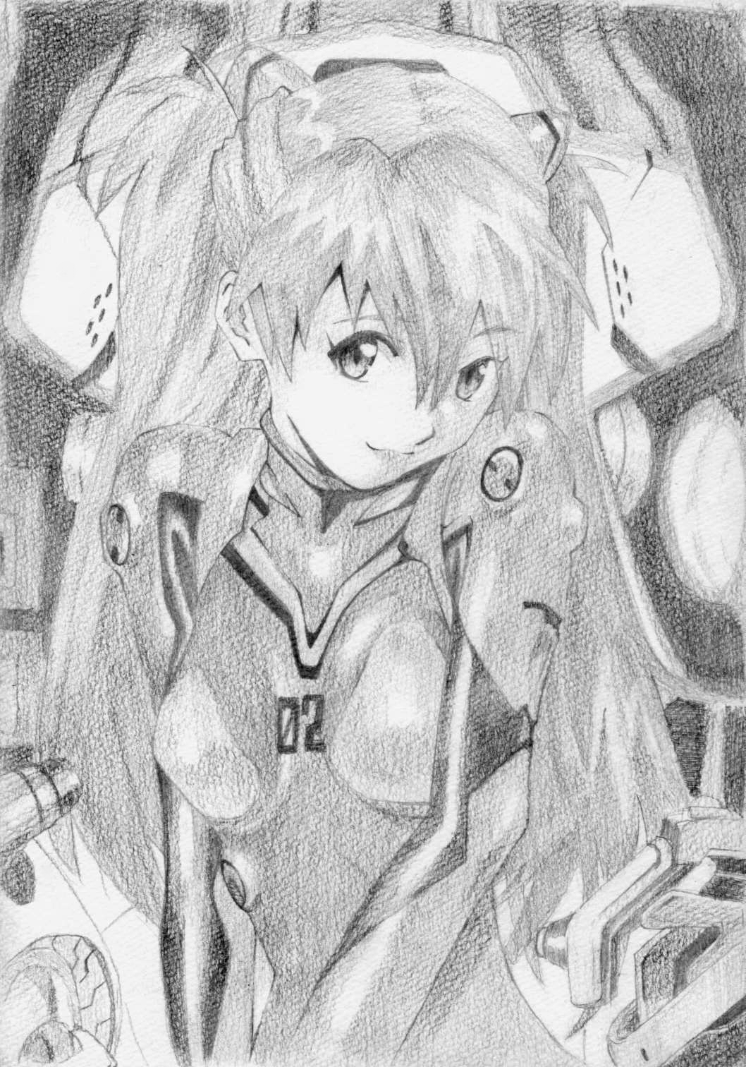 00s, 1girl, bad_id, bad_pixiv_id, evangelion:_2.0_you_can_(not)_advance, female_focus, greyscale, highres, mecha_pilot_suit, miamai, monochrome, neon_genesis_evangelion, plugsuit_(evangelion), rebuild_of_evangelion, ryuuryou, sketch, solo, souryuu_asuka_langley, traditional_media