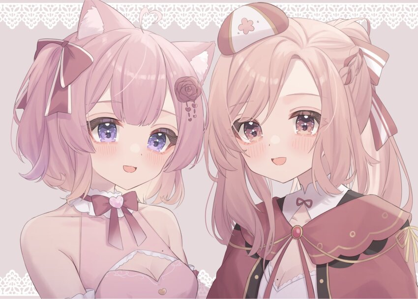 2girls, ahoge, aisu_koffie, animal_ear_fluff, animal_ears, blush, bow, breasts