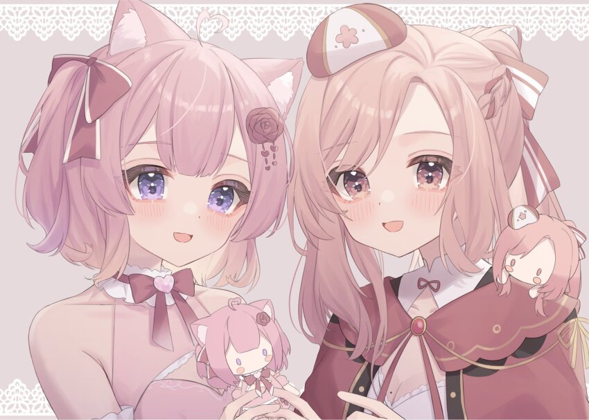 2girls, ahoge, aisu_koffie, animal_ear_fluff, animal_ears, blush, bow, breasts