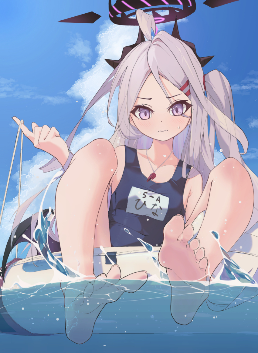 1girl, afloat, ahoge, aiueottoman, barefoot, blue_archive, blue_sky, blurry, cloud, cloudy_sky, collarbone, commentary_request, demon_girl, demon_horns, demon_wings, depth_of_field, feet, forehead, hair_ornament, hairclip, halo, highres, hina_(blue_archive), hina_(swimsuit)_(blue_archive), horns, in_water, innertube, knees_up, legs, long_hair, looking_at_viewer, name_tag, ocean, official_alternate_costume, old_school_swimsuit, on_innertube, one_side_up, parted_bangs, purple_eyes, school_swimsuit, sidelocks, sky, sleeveless, soles, solo, spread_toes, swim_ring, swimsuit, toenails, toes, wet, whistle, whistle_around_neck, white_hair, wings