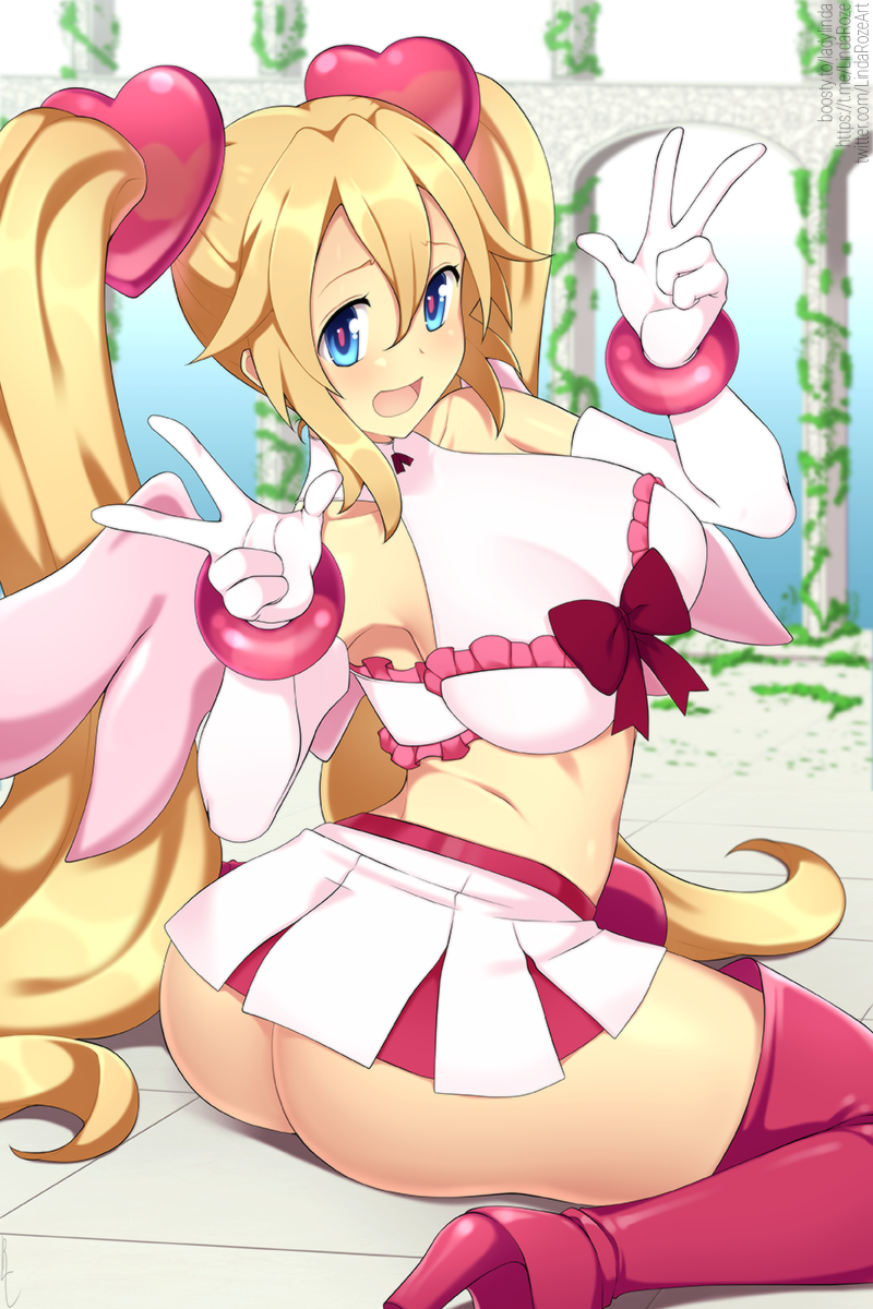 1girl, :d, ass, bare_shoulders, blonde_hair, blue_eyes, bracelet, breasts, disgaea, double_w, elbow_gloves, flonne, gloves, hair_ornament, heart, heart_hair_ornament, high_heels, highres, jewelry, large_breasts, lindaroze, long_hair, open_mouth, pure_flonne, sitting, skirt, smile, solo, thighhighs, twintails, very_long_hair, w, wariza, white_gloves