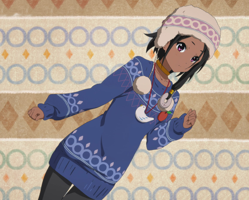 1girl, black_hair, choi_mochimazzui, closed_mouth, dark-skinned_female, dark_skin, hat, highres, purple_eyes, screencap, solo, sweater, tamako_market, winter_hat