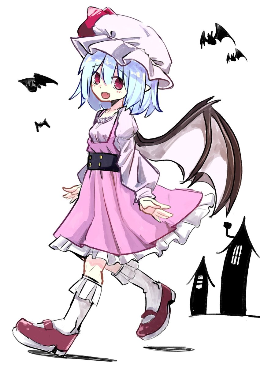 1girl, :d, bat_wings, blue_hair, breasts, dress, fang, full_body