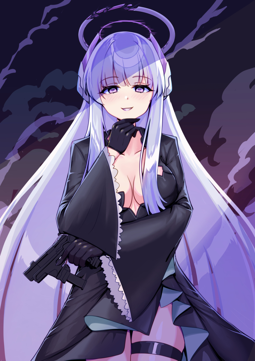 1girl, alternate_costume, black_dress, black_gloves, blue_archive, blunt_bangs, breasts, broken_halo