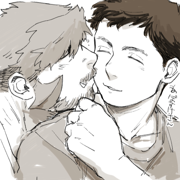 2boys, aged_up, alternate_facial_hair, alternate_hairstyle, bara, beard, couple, facial_hair