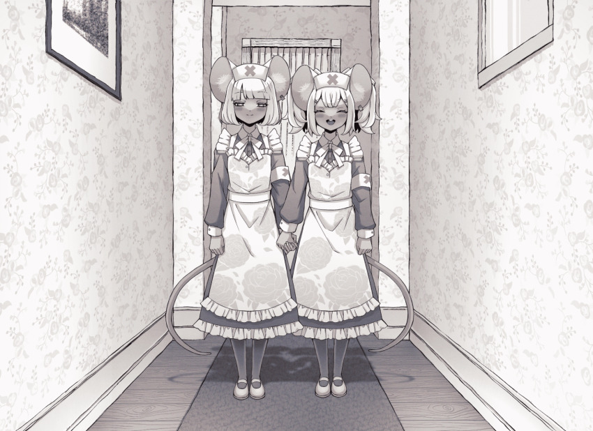 2girls, animal_ears, apron, armband, daikokuten_(fate), daikokuten_(third_ascension)_(fate), dress, fate/grand_order, fate_(series), greyscale, hat, highres, holding_hands, long_dress, monochrome, mouse_ears, mouse_tail, multiple_girls, nurse_cap, parody, smile, ssm_chan_009, tail, the_shining, twintails