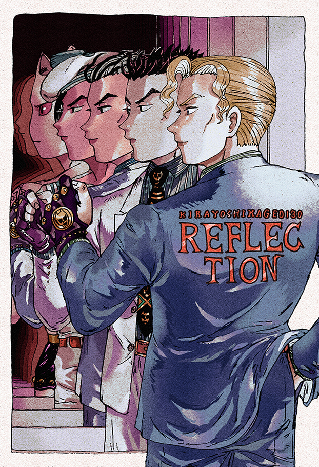 5boys, animal_ears, black_hair, blonde_hair, cat_ears, diamond_wa_kudakenai, fingerless_gloves, formal_clothes, gloves, hair_slicked_back, hat, jojo_no_kimyou_na_bouken, jojolion, kawajiri_kosaku, killer_queen, kira_yoshikage, kira_yoshikage_(bites_the_dust), kira_yoshikage_(jojolion), kotobawa, mirror, multicolored_hair, multiple_boys, multiple_persona, name_connection, necktie, sailor, sailor_hat, suit, two-tone_hair