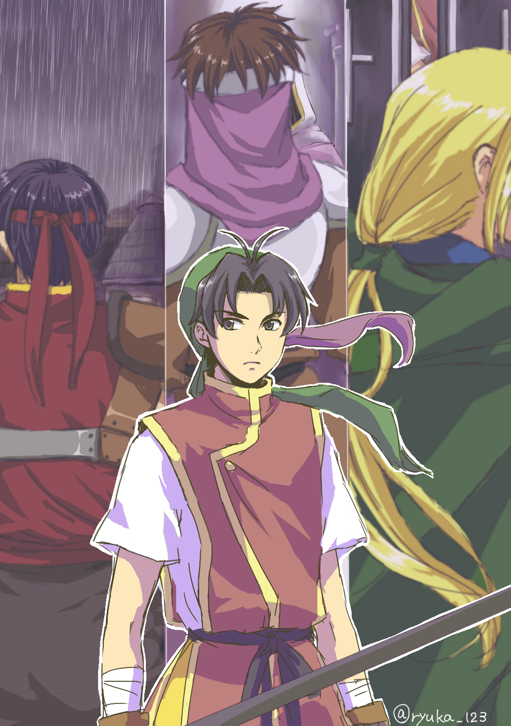 1girl, 3boys, bandana, black_hair, blonde_hair, brown_eyes, brown_hair, cleo_(suikoden), closed_mouth, gensou_suikoden, gensou_suikoden_i, gloves, gremio_(suikoden), headband, highres, multiple_boys, pahn_(suikoden), polearm, rain, ryuka_123, short_hair, tir_mcdohl, weapon