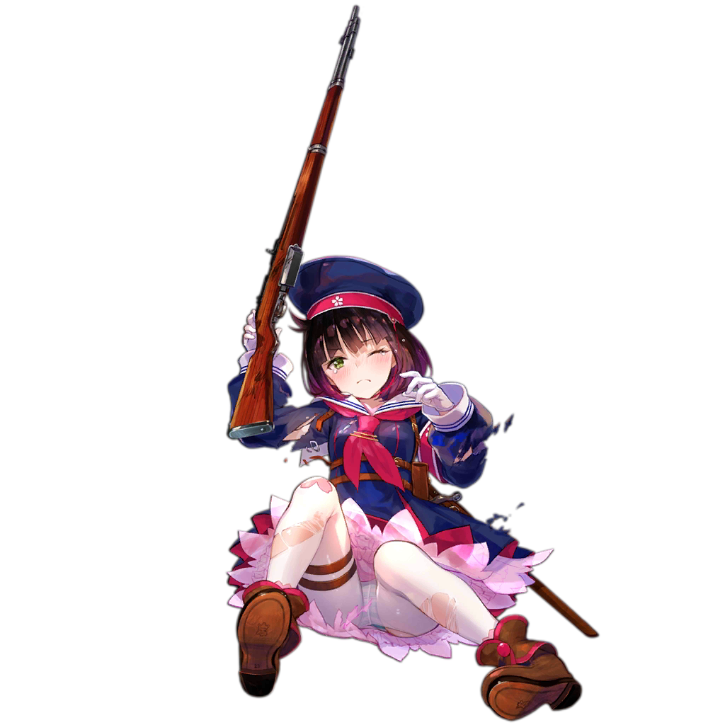 1girl, armband, bag, black_hair, blue_dress, blue_hat, blush, bob_cut, boots, breasts, brown_bag, brown_boots, cherry_blossom_print, chest_harness, closed_mouth, dress, floral_print, frown, full_body, fuzichoco, girls'_frontline, gloves, gradient_hair, green_eyes, gun, guntou, harness, hat, holding, holding_gun, holding_weapon, long_sleeves, looking_at_viewer, medium_breasts, military, military_hat, military_uniform, multicolored_hair, neckerchief, official_art, one_eye_closed, pantyhose, pouch, print_legwear, print_thighhighs, purple_hair, red_armband, red_neckerchief, sailor_collar, sheath, sheathed, shoe_soles, short_hair, simple_background, sitting, solo, sword, tears, thigh_strap, thighhighs, torn_clothes, torn_dress, torn_pantyhose, torn_sleeves, transparent_background, type_4_(girls'_frontline), type_4_rifle, weapon, white_gloves, white_pantyhose