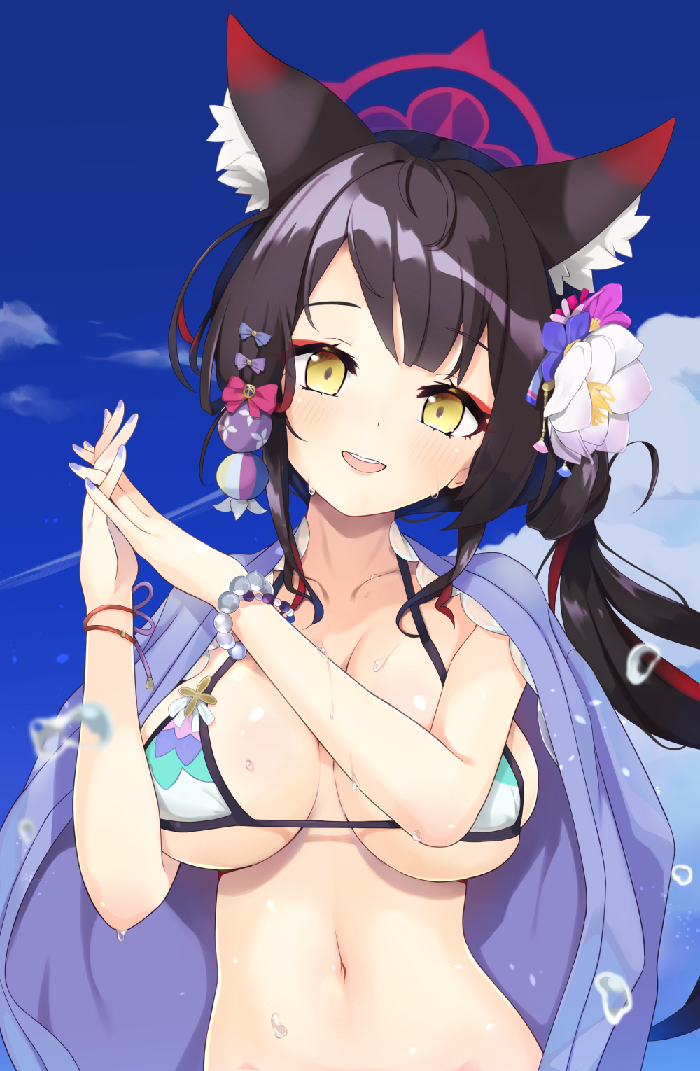 1girl, :d, aku_oribi, animal_ear_fluff, animal_ears, black_hair, blue_archive, blue_sky