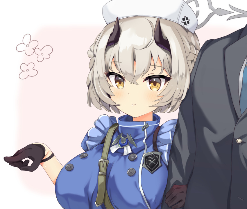 1boy, 1girl, aku_oribi, arm_hug, belt, black_gloves, blue_archive, blue_necktie