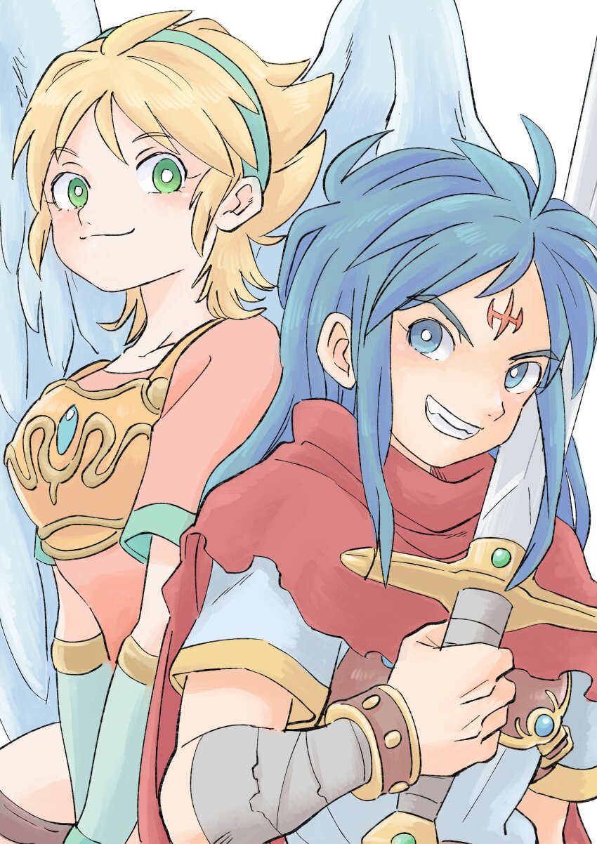 1boy, 1girl, absurdres, angel_wings, armor, blonde_hair, blue_hair, breath_of_fire