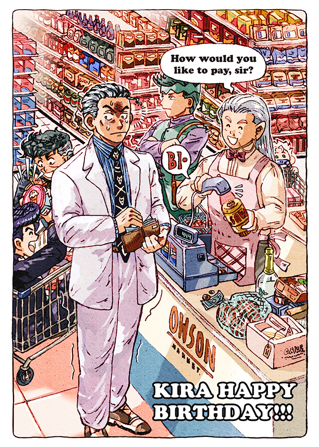 6+boys, aisle, barcode_scanner, black_hair, bow, bowtie, cash_register, cashier, convenience_store, diamond_wa_kudakenai, employee_uniform, english_text, food, formal_clothes, green_hair, grey_hair, happy_birthday, headband, higashikata_josuke, hirose_koichi, holding, holding_barcode_scanner, ice_cream, jojo_no_kimyou_na_bouken, kawajiri_kosaku, kira_yoshikage, kira_yoshikage_(bites_the_dust), kishibe_rohan, kotobawa, male_focus, multiple_boys, necktie, nijimura_okuyasu, pointy_ears, pompadour, purple_hair, shop, shopping_cart, store_clerk, suit, undercut, wallet, white_hair