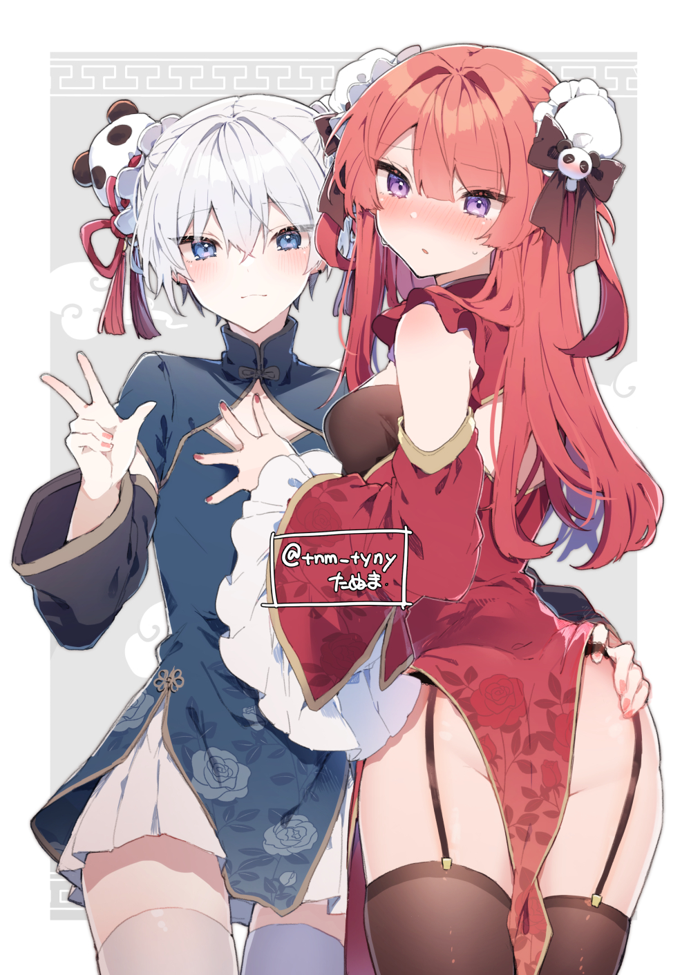 1boy, 1girl, anna_(ikeuchi_tanuma), blue_dress, blue_eyes, blue_sleeves, blush, brown_thighhighs