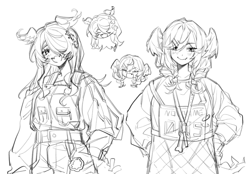 2girls, =_=, blush, braid, elira_pendora, elira_pendora_(1st_costume), fang, fang_out, fangs, gloves, greyscale, hair_over_one_eye, hands_on_own_hips, head_tilt, head_wings, highres, lanyard, looking_at_viewer, monochrome, multiple_girls, nijisanji, nijisanji_en, off_shoulder, one_eye_covered, open_mouth, overalls, selen_tatsuki, selen_tatsuki_(1st_costume), siblings, sisters, sketch, skin_fang, skin_fangs, smile, suipian_xi_kong_shao, sweater, twin_braids, v-shaped_eyebrows, virtual_youtuber, white_background, wings