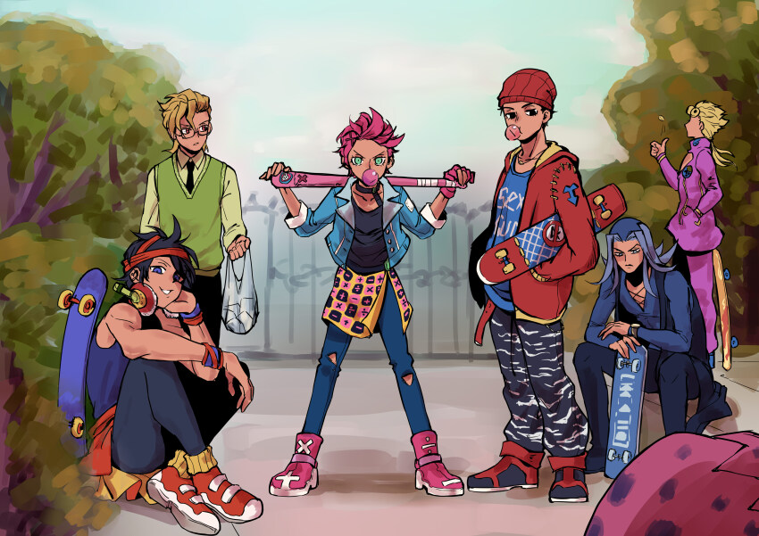 1girl, 6+boys, absurdres, aged_down, animal_print, bag, baseball_bat, beanie, black_eyes, black_hair, blonde_hair, blowing_bubble_gum, blowing_bubbles, blue_hair, casual, chewing_gum, coin, coin_flip, denim, denim_jacket, diavolo, green_eyes, grocery_bag, hat, headband, highres, holding, holding_skateboard, jacket, jeans, jojo_no_kimyou_na_bouken, killerohan, moody_blues_(stand), multiple_boys, necktie, pants, pink_hair, polka_dot, polka_dot_hair, punk, purple_eyes, sex_pistols_(stand), shoes, shopping_bag, sitting, skateboard, skirt_over_leggings, sneakers, sweater_vest, tiger_print, time_paradox, torn_clothes, torn_jeans, torn_pants, v-neck, vento_aureo